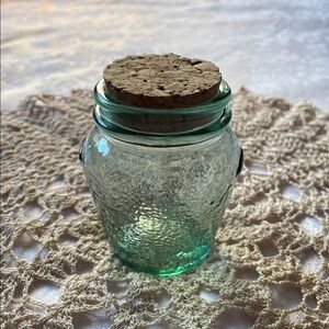 Vintage 1970’s Slightly Green Textured Glass Jar with Cork Lid